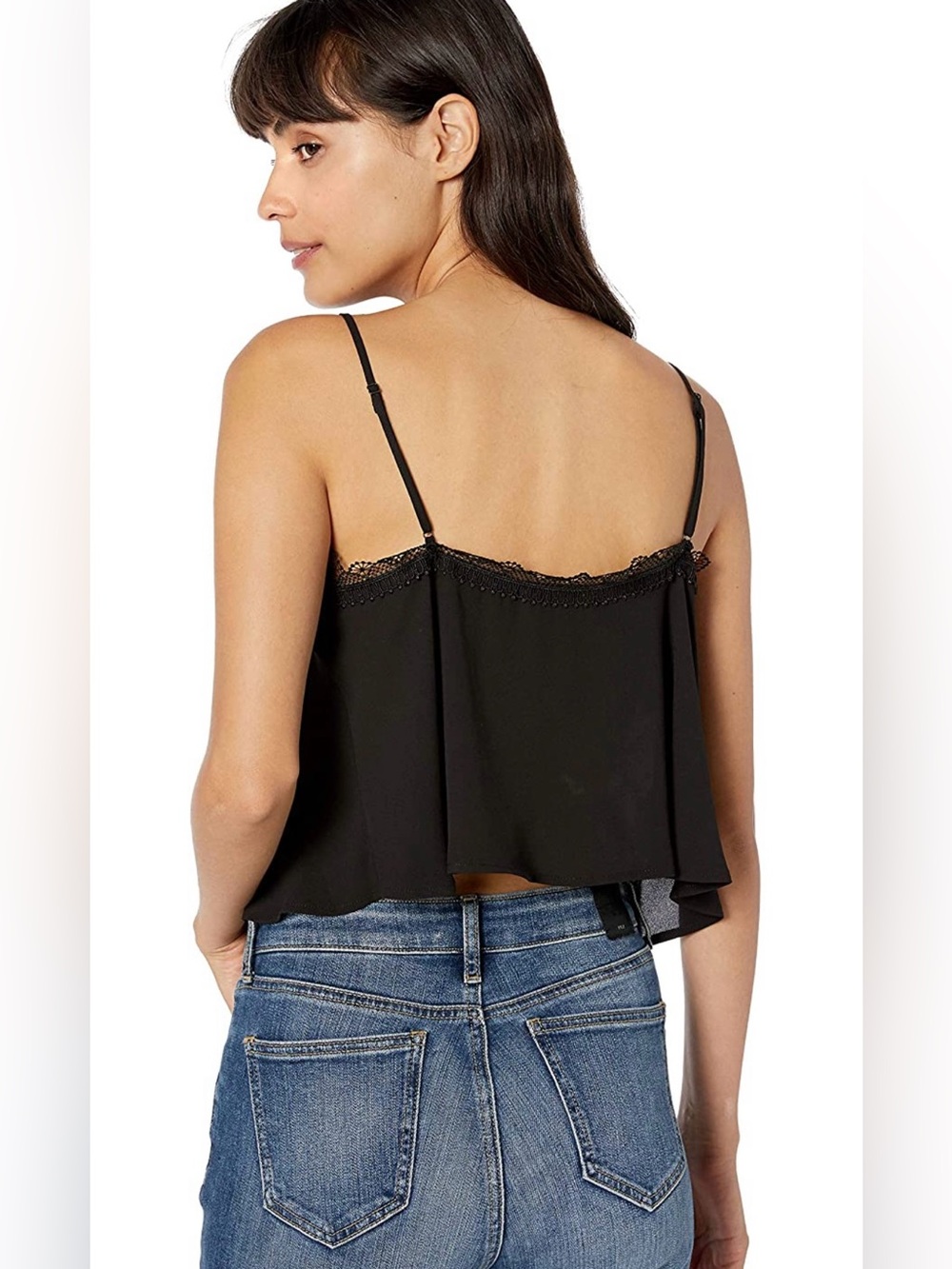 BCBG Black Lace Trim Camisole Crop Top Loose Flowy Cropped Cami tank XS NWOT - Picture 1 of 12